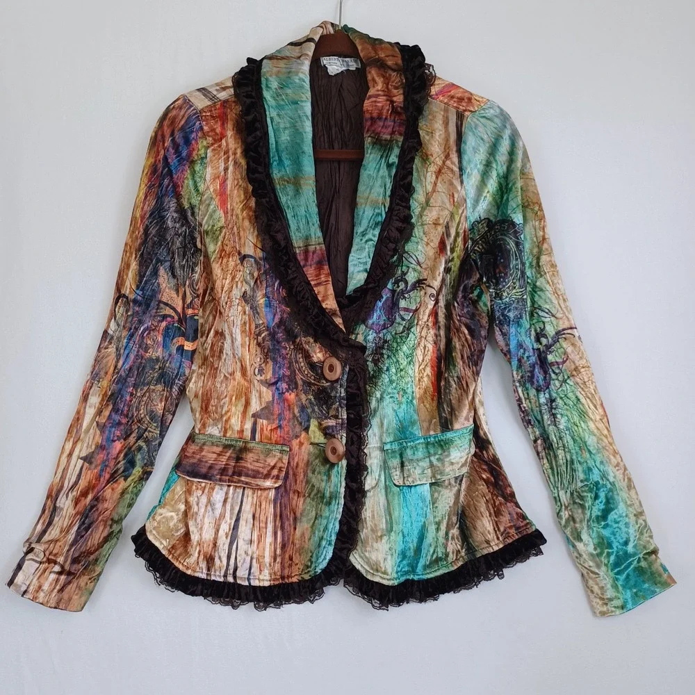 Albert Makali Womens Artistic Abstract Print Ruffle Lace Trim Blazer Jacket M
